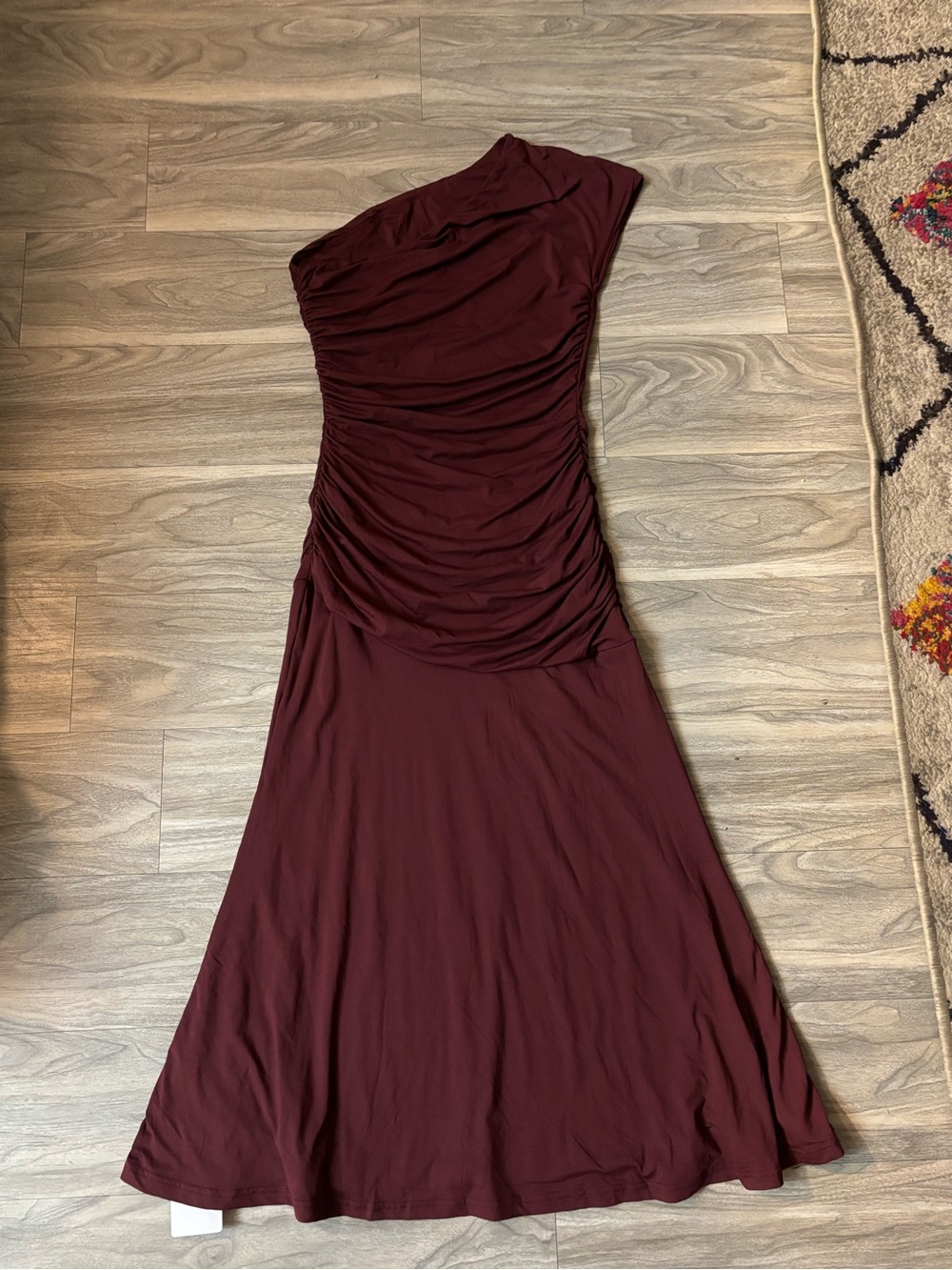 One-Shoulder Ruched Maxi Dress in Burgundy